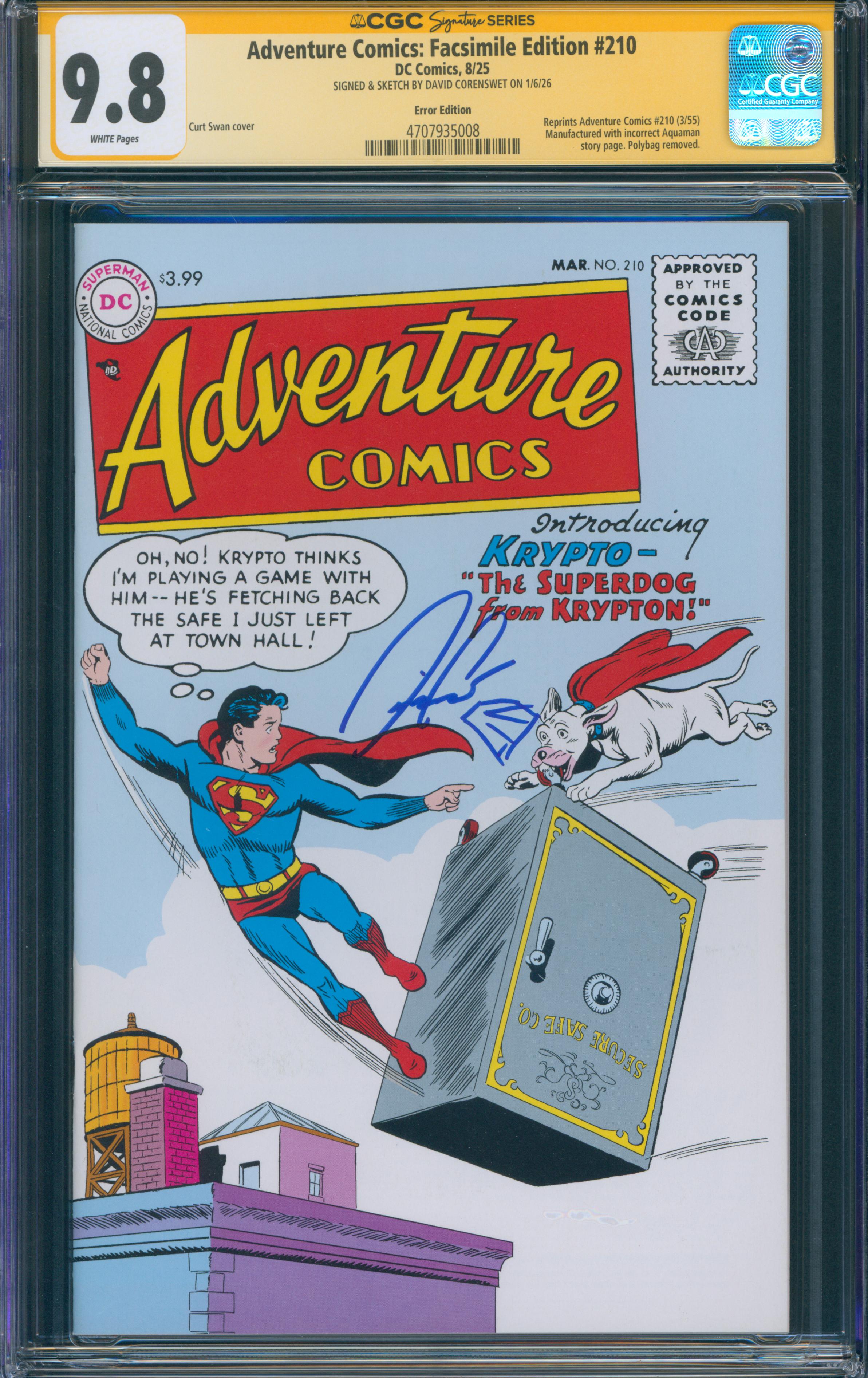 David Corenswet Autographed Adventure Comics Facsimile Edition #210 with Sketch-  CGC graded 9.8 - SWAU